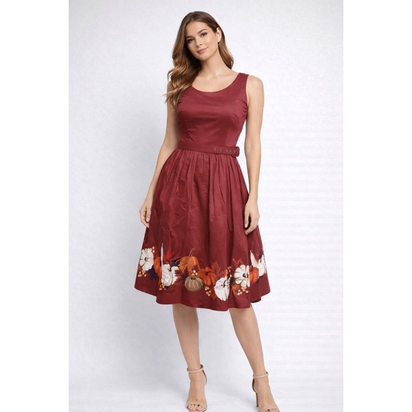 Modcloth Dresses & Skirts - ModCloth Burgundy Pumpkin Print Fit Flare Belted Midi Dress Womans size SMALL